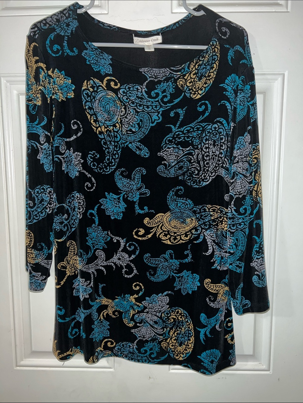 Coldwater Creek Black Paisley-Print Long Sleeve Scoop-Neck Dress